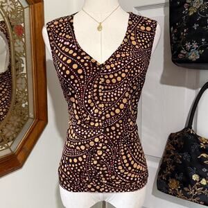 VTG Y2K Baranda Dark Brown & Multicolor Swirly Dotted Pattern Ruched V Neck Top